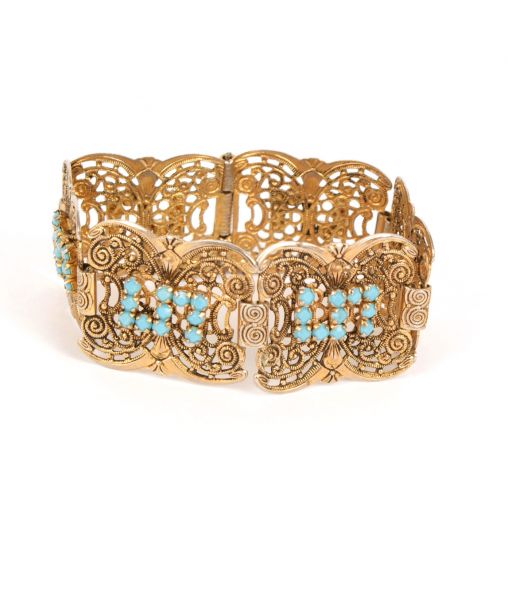 Art Deco Czech Filigree and Blue Glass Panel Bracelet