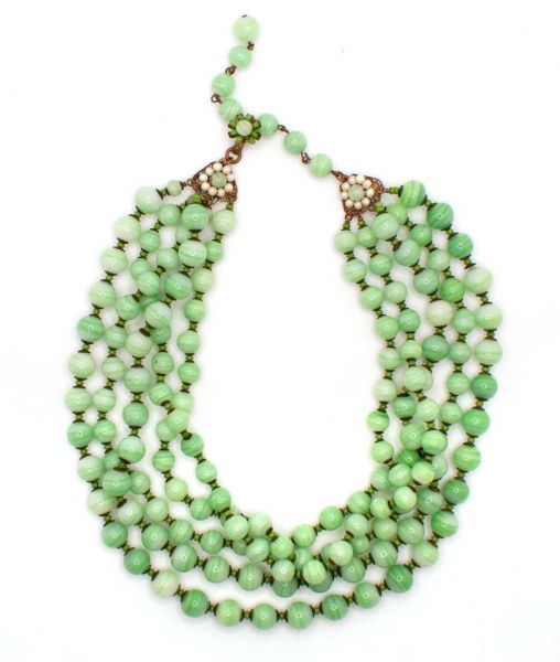 Miriam Haskell Five Strand Green Beaded Necklace