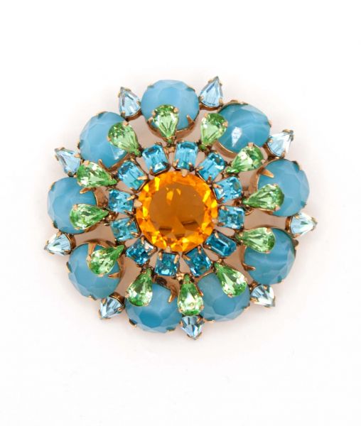 Vintage Schreiner Brooch Blue and Orange