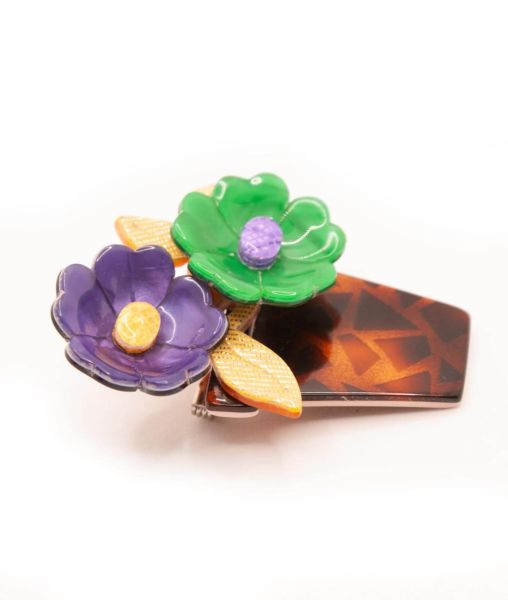 Vintage Léa Stein purple, yellow and green Flower Pot Brooch side view