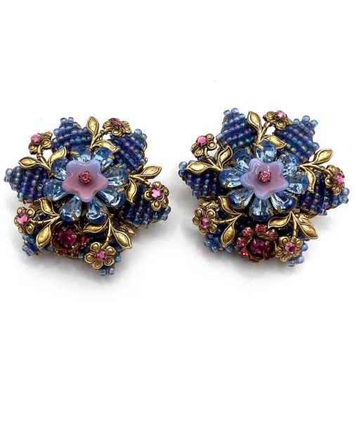 Large Vintage Stanley Hagler Clip NYC Earrings Blue and Pink