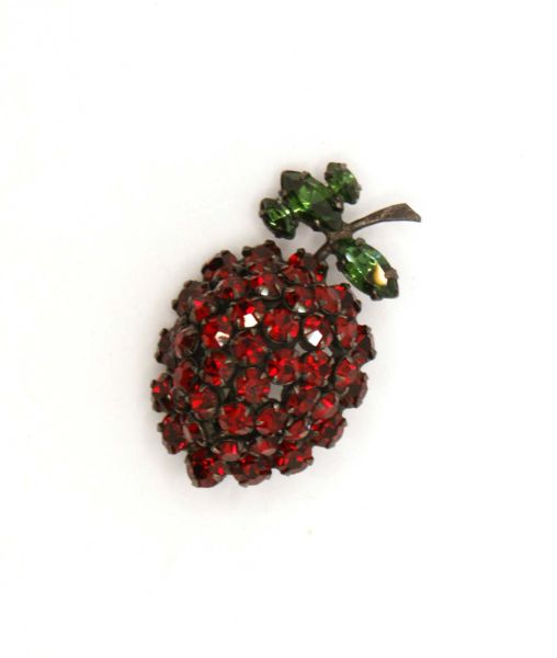 Shreiner red strawberry brooch with green crystal leaves top view