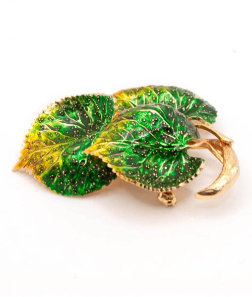 Grossé three leaf brooch green and yellow enamel profile view
