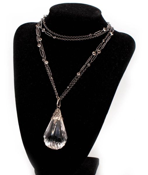 Arts and Crafts rock crystal pendant on white metal chain