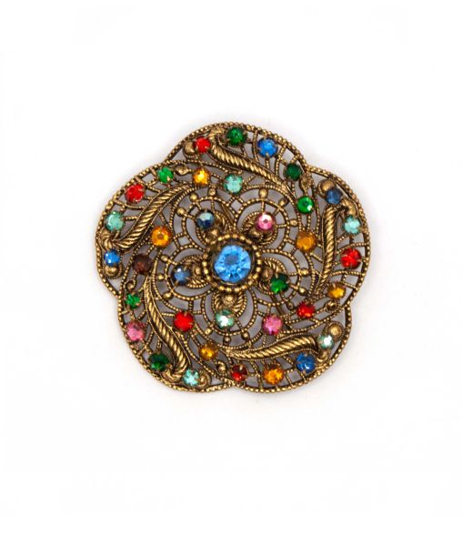 Antique flower shaped brass Czech brooch with colourful rhinestones