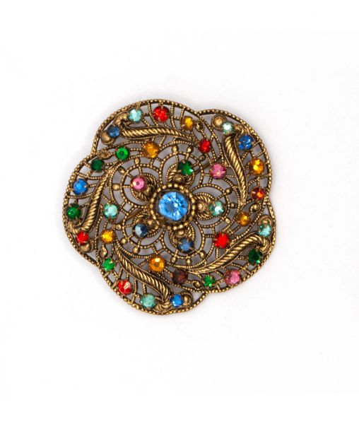 Antique brass Czech brooch with multi-colour rhinestones blue, red and yellow