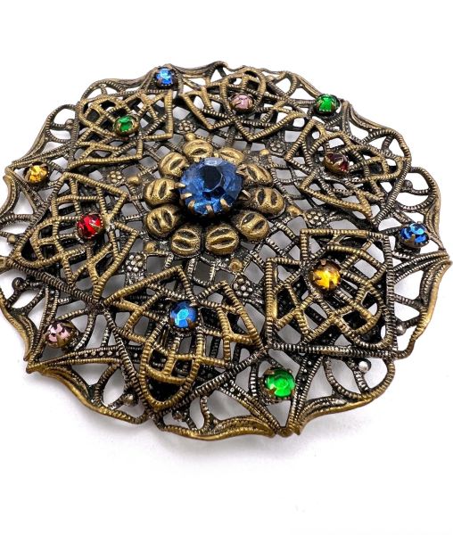 Antique Edwardian Czech Filigree Brooch with Coloured Glass