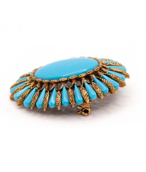 Vintage oval shaped turquoise glass brooch by HAR side view
