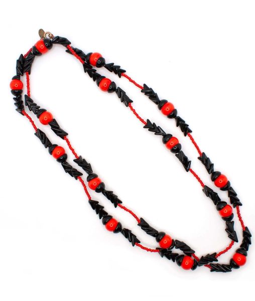 Doubled beaded necklace by Miriam Haskell with red and black glass beads