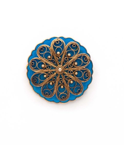 Midcentury blue enamel brooch with silver filagree by Ivar Holth