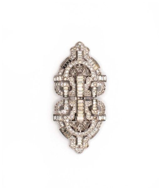 Large Art Deco Double Brooch Clip Clear Crystals