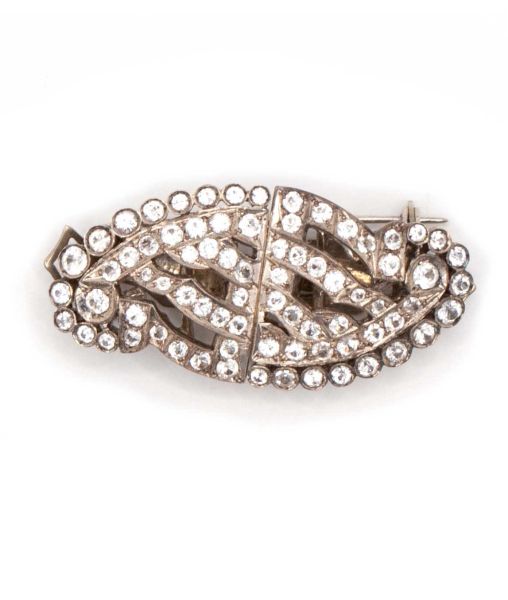 Silver and Clear Crystal Double Clip Brooch with Tiffany Clasp