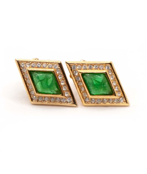 Vintage Christian Dior Emerald Glass and Rhinestone Clip Earrings