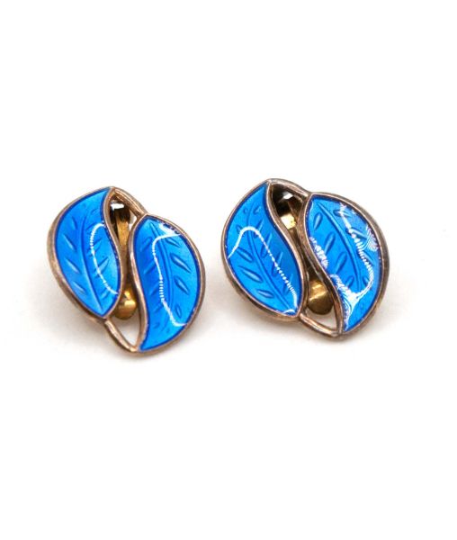 David Andersen Norway Enamel Leaf Earrings Blue by Willy Winnaess