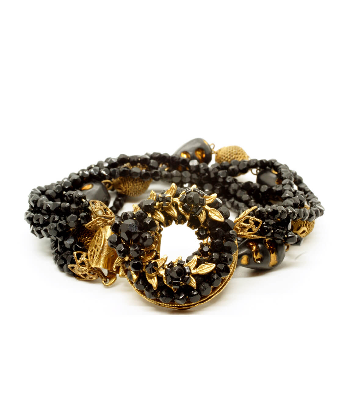 Bracelet Rigide Vintage Or Et Résine Noire - Bijou Rétro Année 70, Patine D'époque